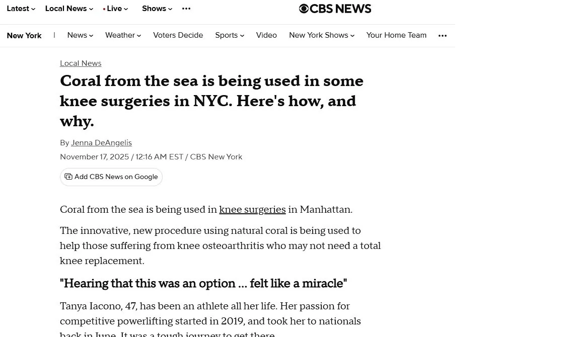 CBS New York — Cartiheal coral implant for cartilage repair