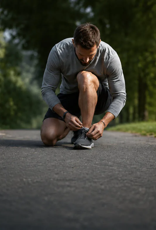 Athlete tying running shoe outdoors