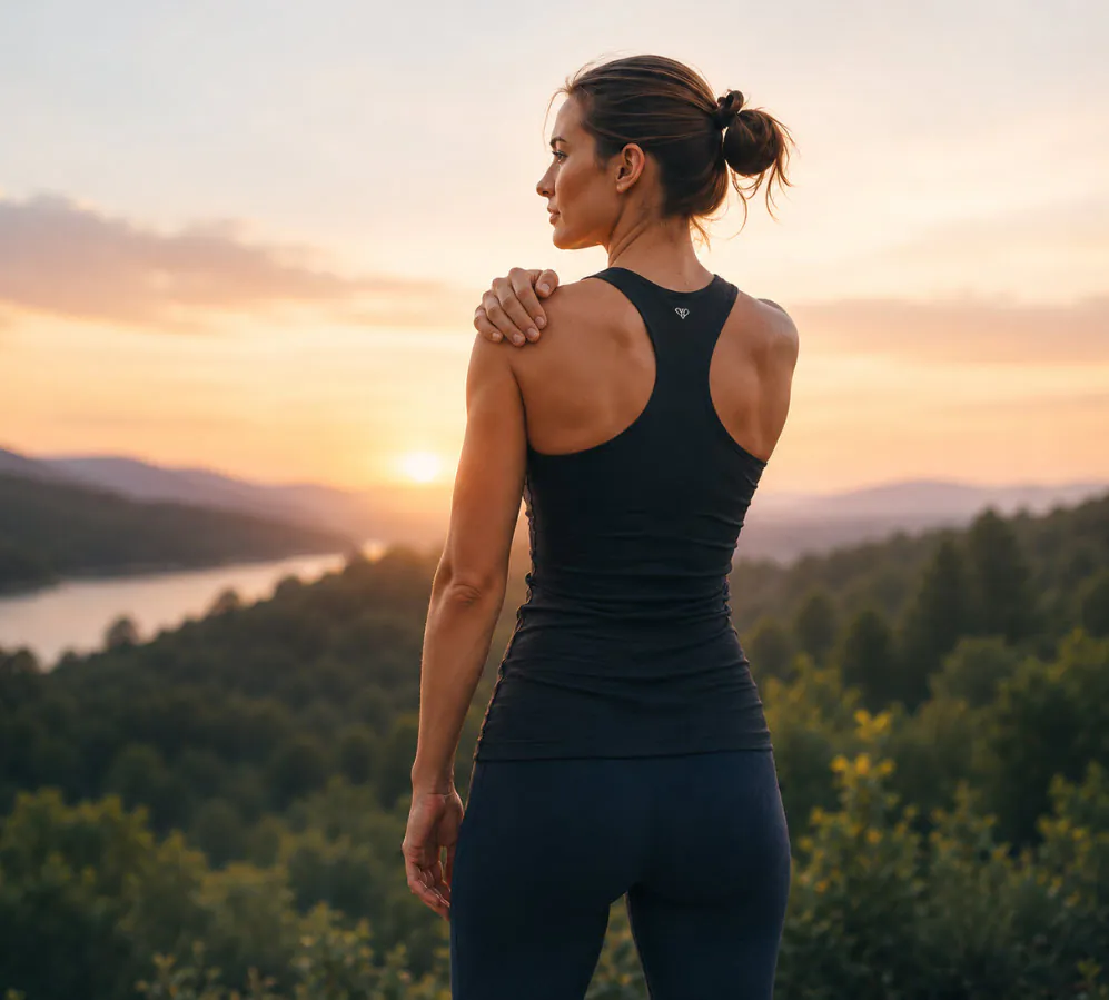 Woman holding her shoulder at sunset