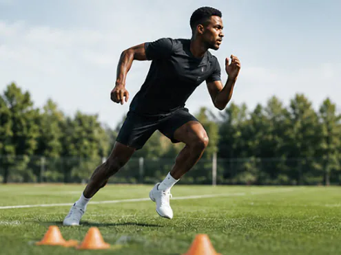 Athlete sprinting through agility cones